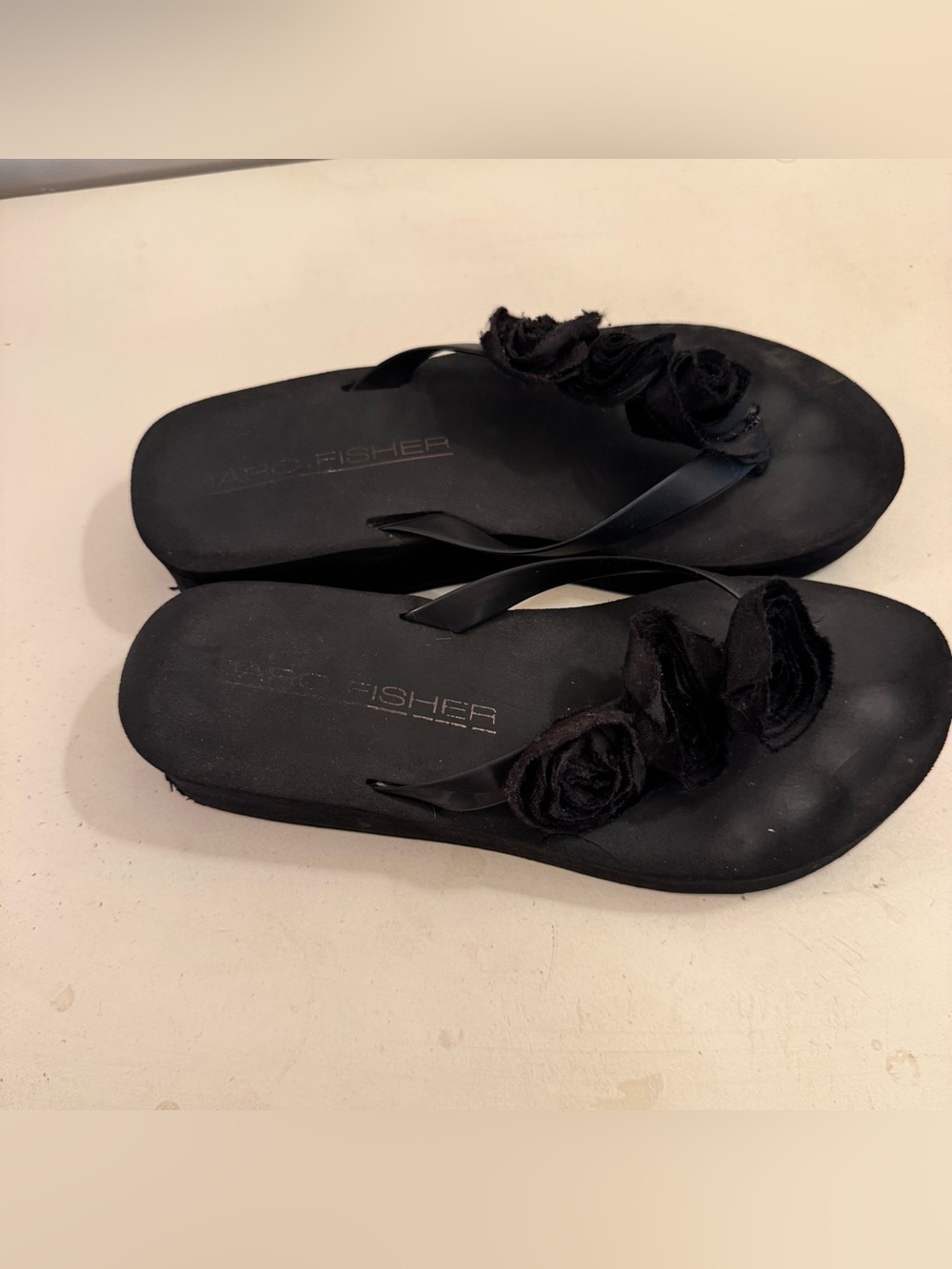 Marc Fisher Black Floral Platform Flip Flops